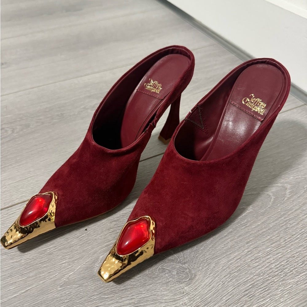 Jeffrey Campbell Burgundy Suede Mules with Gold Toe Caps and Red Jewel